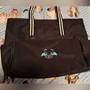 Thirty-One Black Tote Bag with Embroidered Flamingos initials KRH